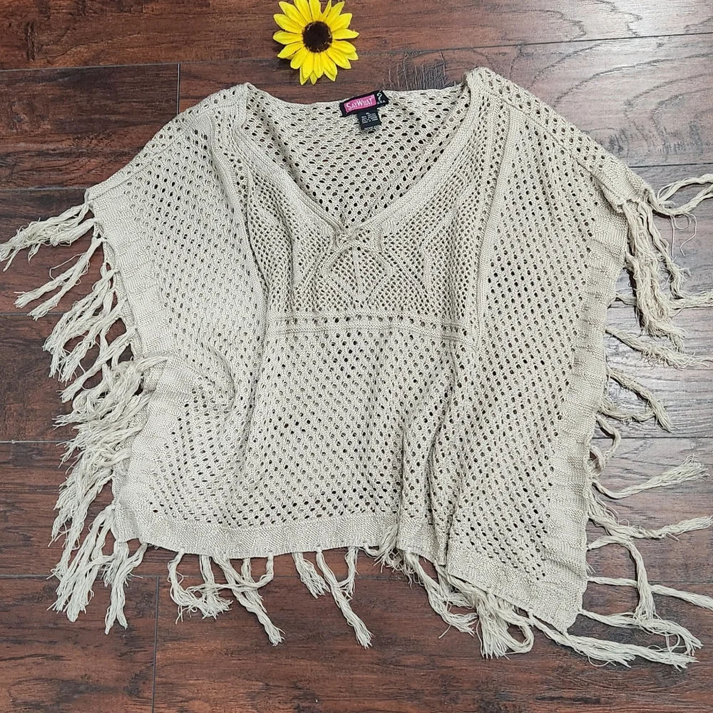 Boho Knit Crochet Poncho Fringe Sweater XL - Picture 4 of 11